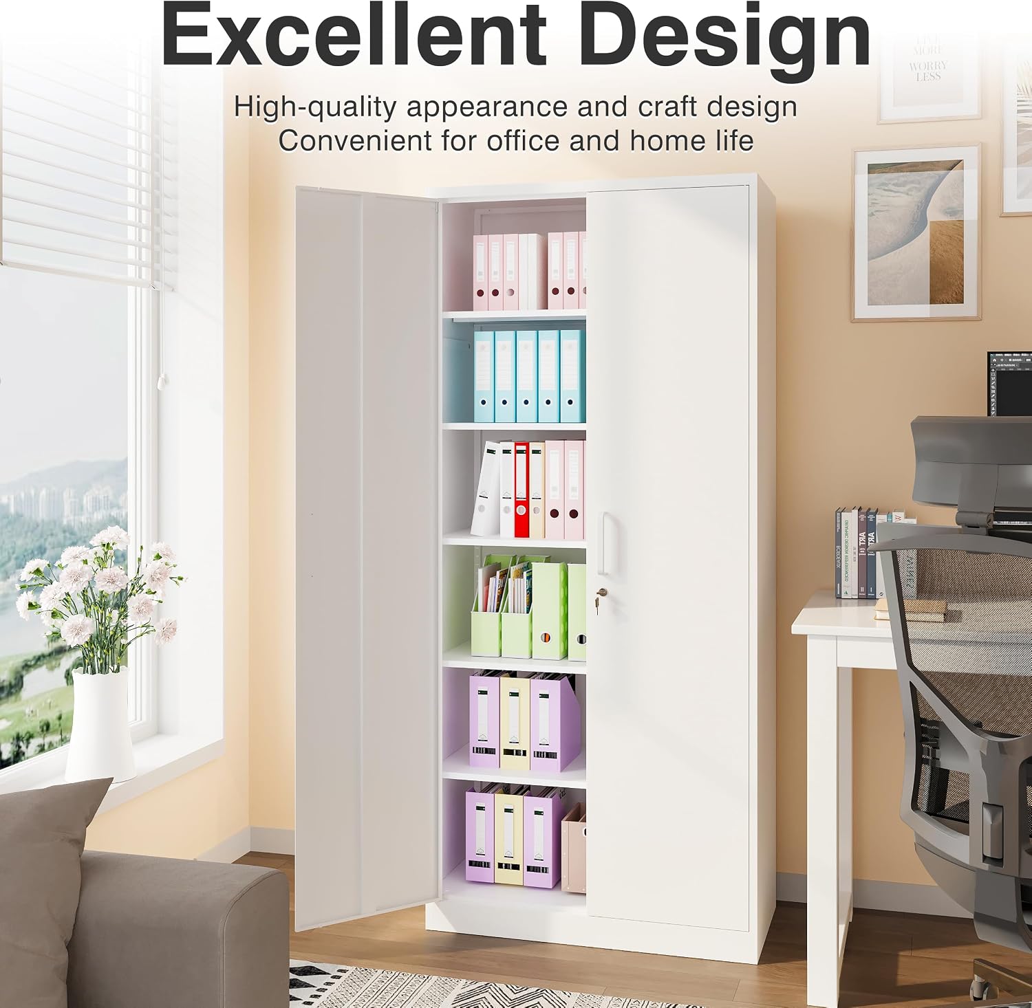White Metal Storage Cabinet with 2 Doors and 6 Shelves,71' Tall Metal Cabinet with Lock,Lockable Garage Storage Cabinets,Locking File Cabinet,Steel Tool Cabinets for Home,Office,Garage,Shop