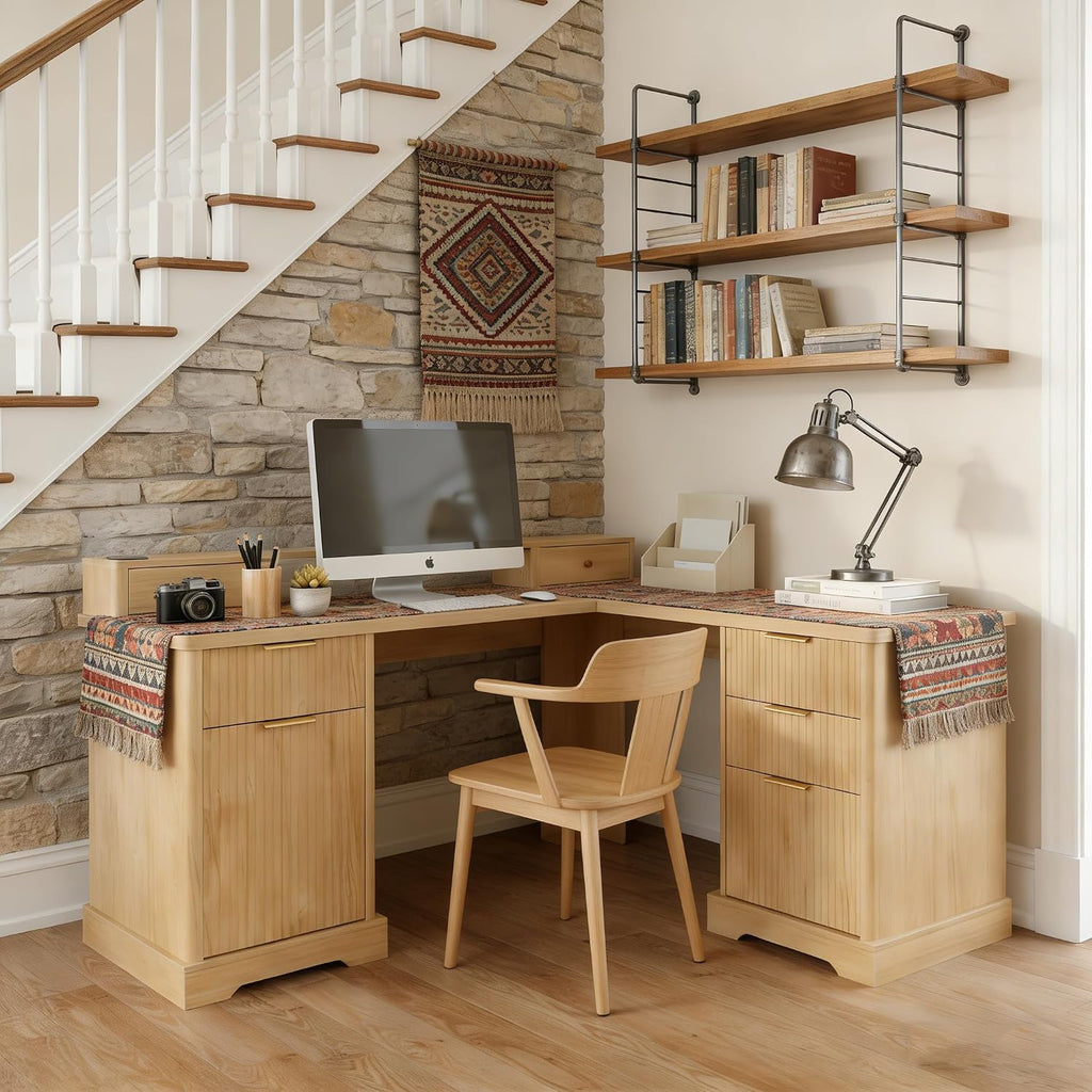 Fluted L Shaped Executive Desk with 6 Drawers & Monitor Stand, Home Office Computer Writing Desk with Power Outlets, File Drawer, Wood Corner Workstation Desk with Storage for Study, Bedroom(Natural)