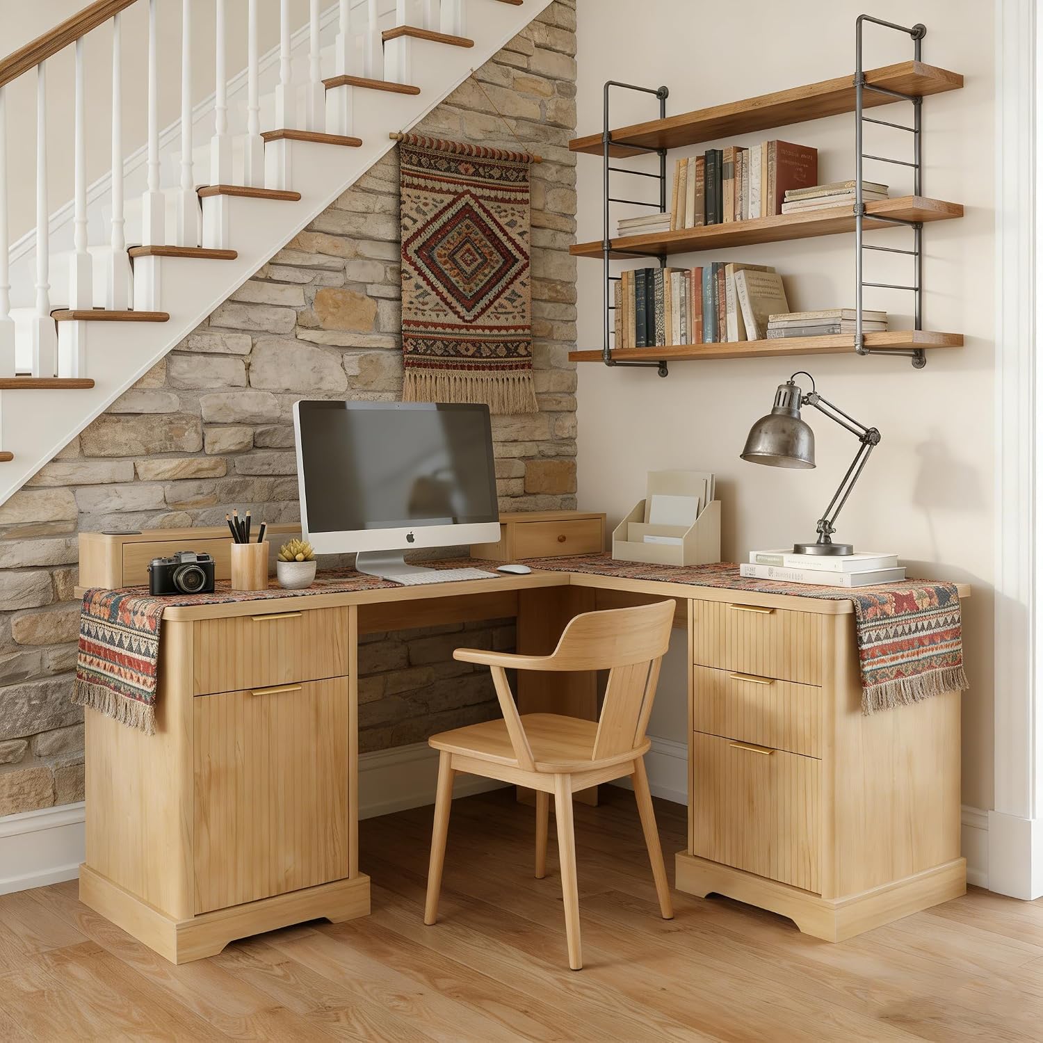 Fluted L Shaped Executive Desk with 6 Drawers & Monitor Stand, Home Office Computer Writing Desk with Power Outlets, File Drawer, Wood Corner Workstation Desk with Storage for Study, Bedroom(Natural)