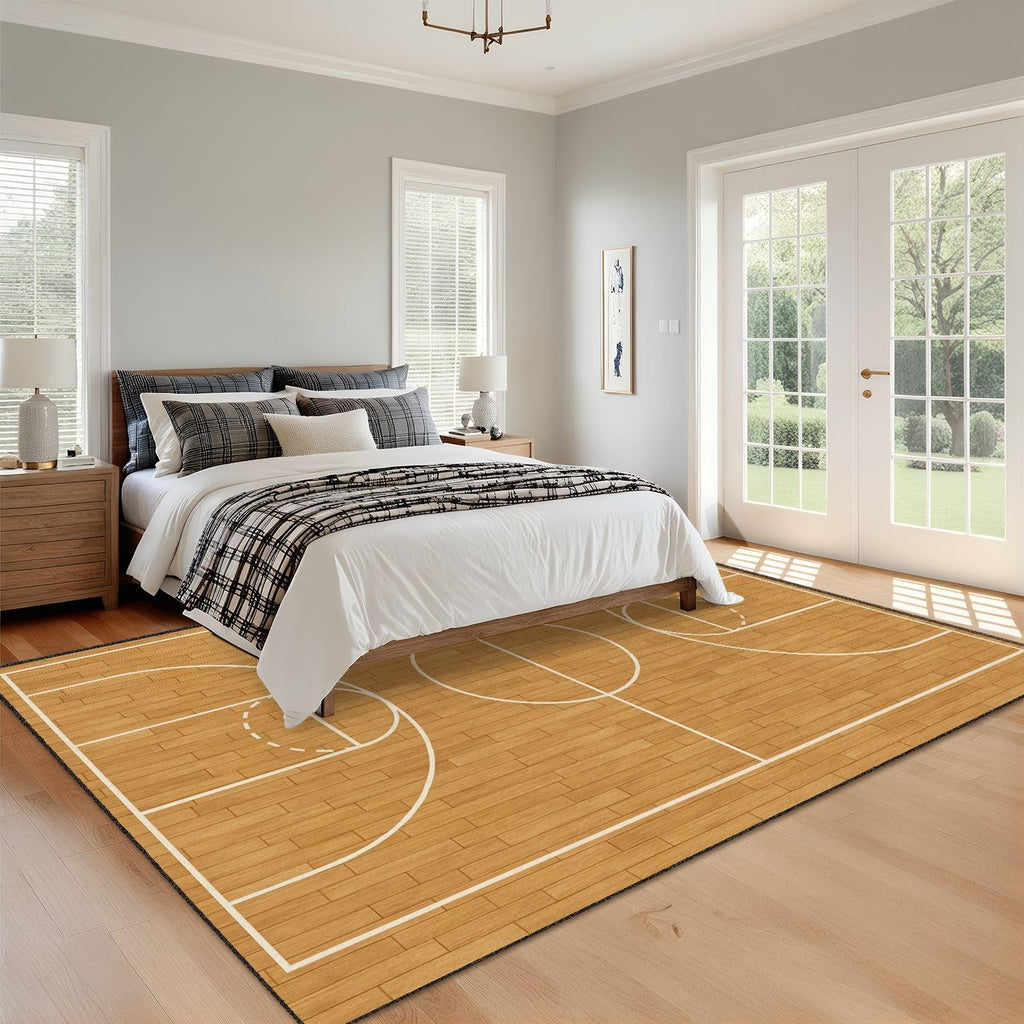 9x12 Area Rugs for Bedroom Boho Washable Rug for Living Room Basketball Court Wooden Flooring White Lines Carpet for Dining Room Soft Rubber Backed Non-Slip Carpets for Bedroom Office