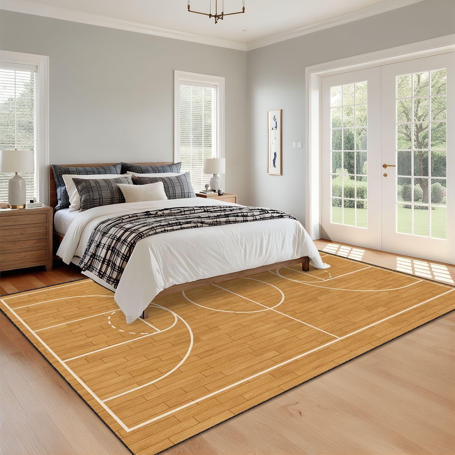 9x12 Area Rugs for Bedroom Boho Washable Rug for Living Room Basketball Court Wooden Flooring White Lines Carpet for Dining Room Soft Rubber Backed Non-Slip Carpets for Bedroom Office
