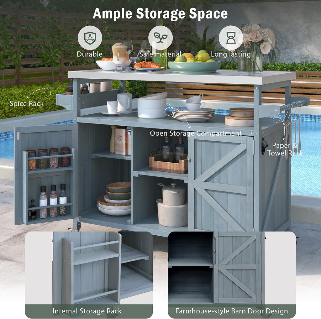 50.25'' Outdoor Kitchen Island, Rolling Bar Cart & Storage Cabinet, Farmhouse Solid Wood Outdoor Grill Table with Stainless Steel Top, Spice Rack, Towel Rack for Kitchen & BBQ, Grey Blue