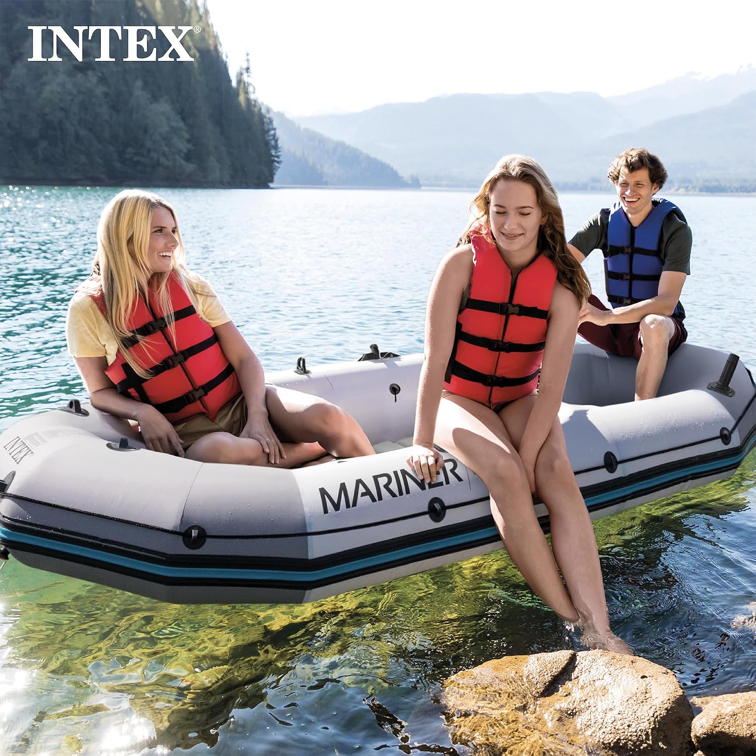 INTEX Mariner Inflatable Boat Series: Includes Deluxe Boat Oars and High-Output Pump – SuperTough PVC – Wear-Resistant Keel – Removable Fishing Rod Holders – Heavy Duty Grab Handle