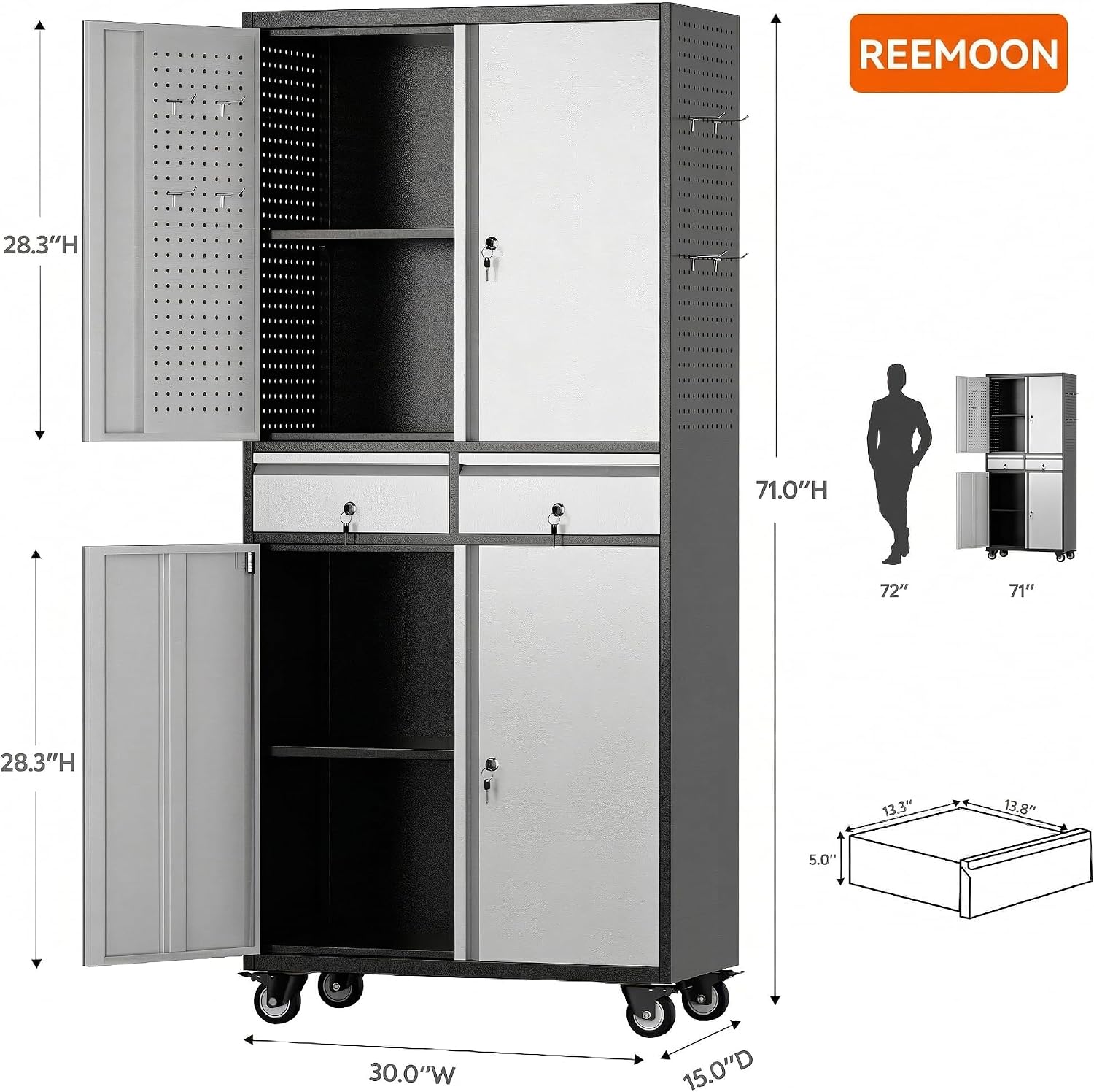 Reemoon Garage Storage Cabinet with Wheels and Doors,71' H Metal Storage Cabinet with Pegboard and 2 Drawers for Garage, Warehouse,Home,Required Assembly,Black and Silver