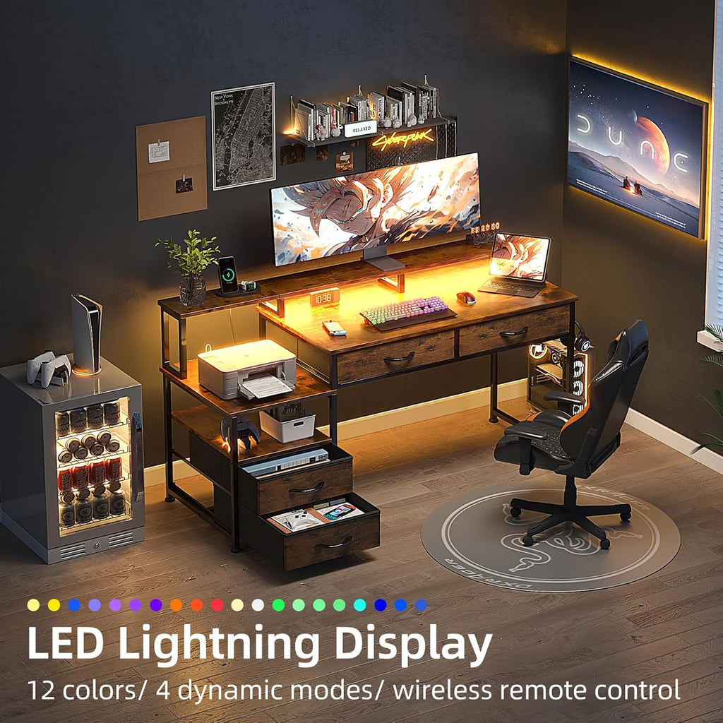 53' Computer Desk with 4 Drawers & Power Outlets, Reversible Home Office Desk with Monitor Stand & Printer Stand, Gaming Desks with Led Lights, Study Writing Work Desks Table for Bedroom, Vintage