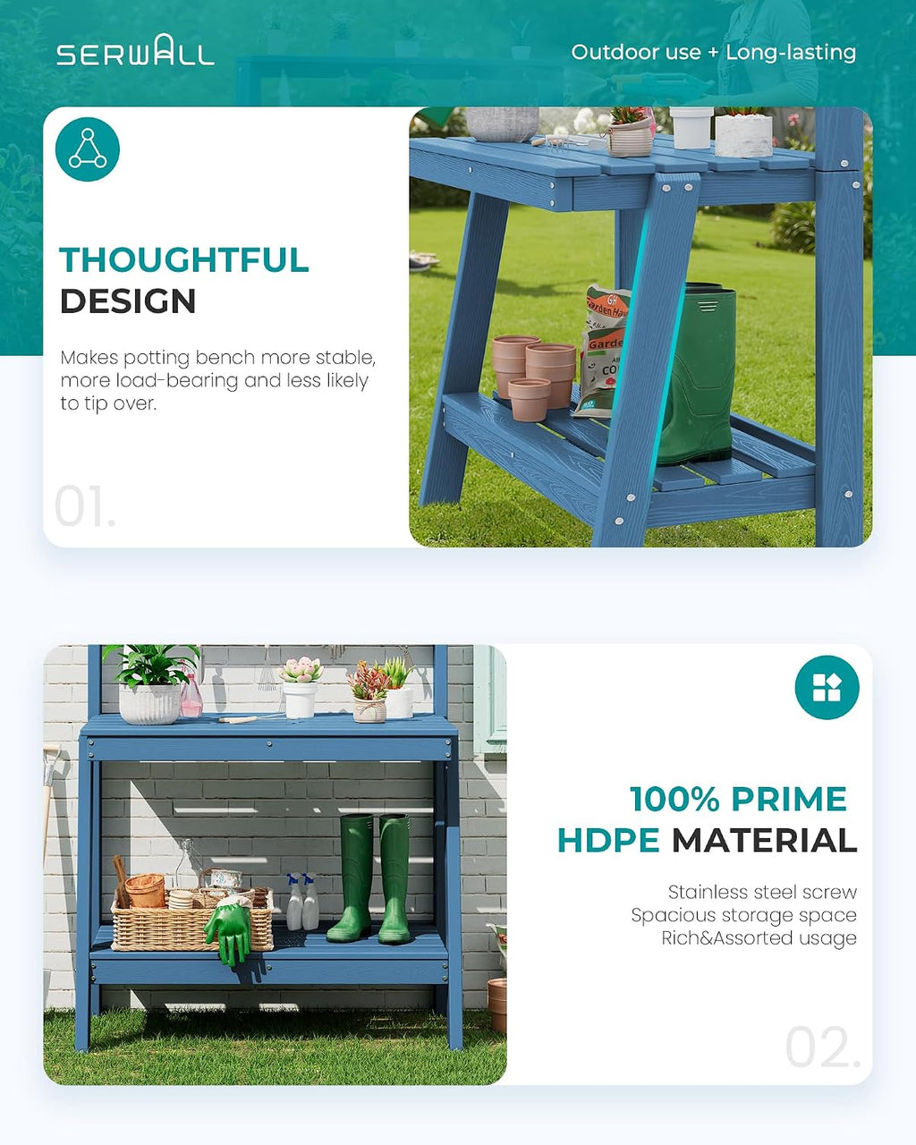 SERWALL Potting Bench Outdoor with Storage Set of 2, 3-Tier HDPE Gardening Table with Angled Legs & Tool Hooks, All-Weather Heavy Duty Potting Table for Patio, Backyard, Garden, Blue