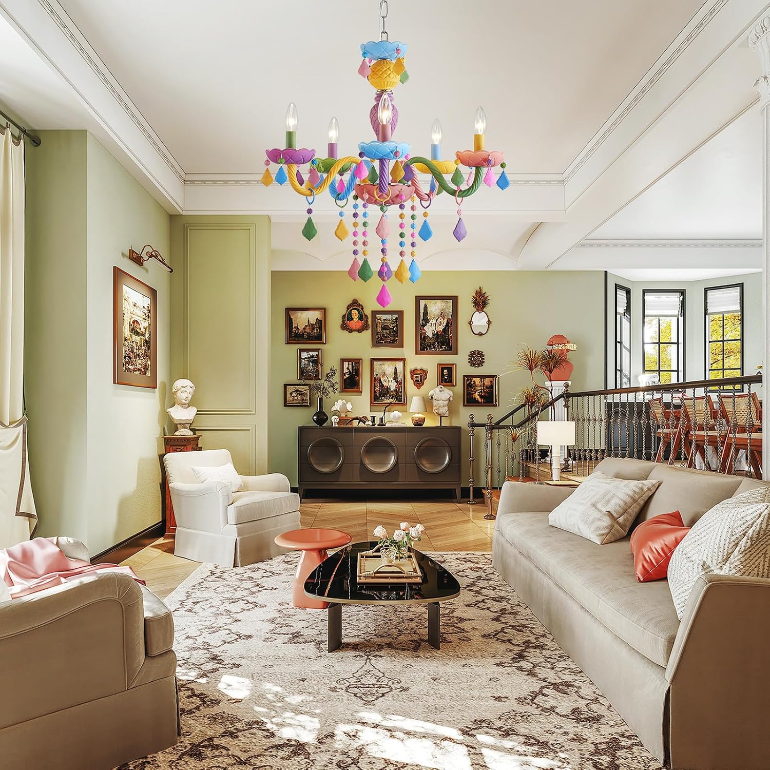 5-Lights Children Chandeliers, Modern Candy Design, Colorful Crystal Chandeliers for Bedroom, Dining Room, D22.8'' × H33.5'', Adjustable Height (33.5'~70.9'), Youth Color & Chrome Finish Frame