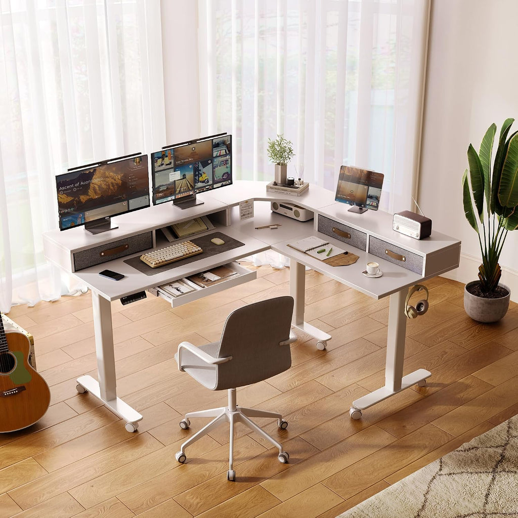 YDN Dual Motor 63' L Shaped Standing Desk with Drawers, Electric Height Adjustable Standing Desk with Monitor Stand & Splice Board, Black