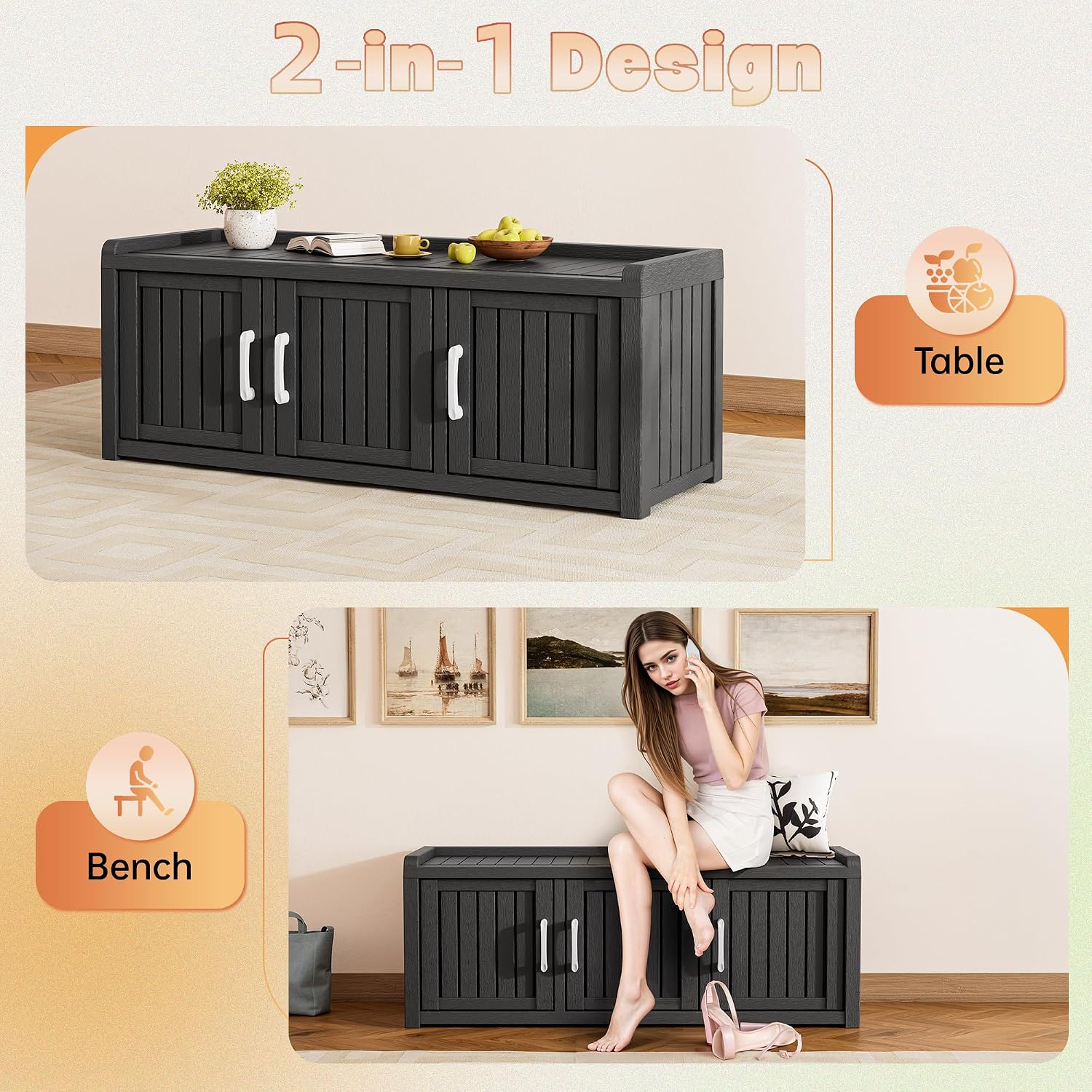 Bifanuo Shoe Storage Cabinet, 3 Door Outdoor Storage Bench with Adjustable Shelves, Waterproof UV-Resistant for Hallway, Living Room, Entryway, Large Capacity Modern Organizer (Black)