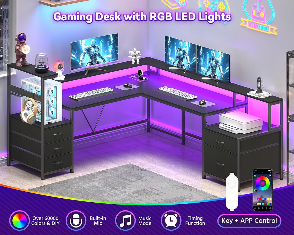L Shaped Desk with Drawers & Storage Shelf, Corner Computer Desk with Printer Stand & Power Outlet, Gaming Desk Home Office Desk with Led Lights & Monitor Stand, Black