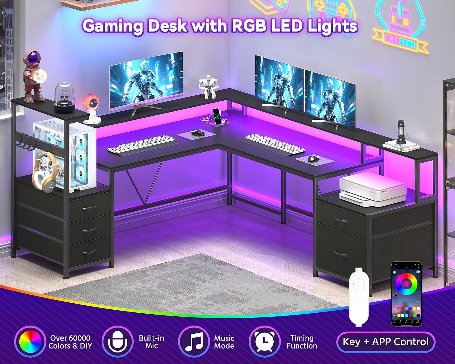 L Shaped Desk with Drawers & Storage Shelf, Corner Computer Desk with Printer Stand & Power Outlet, Gaming Desk Home Office Desk with Led Lights & Monitor Stand, Black