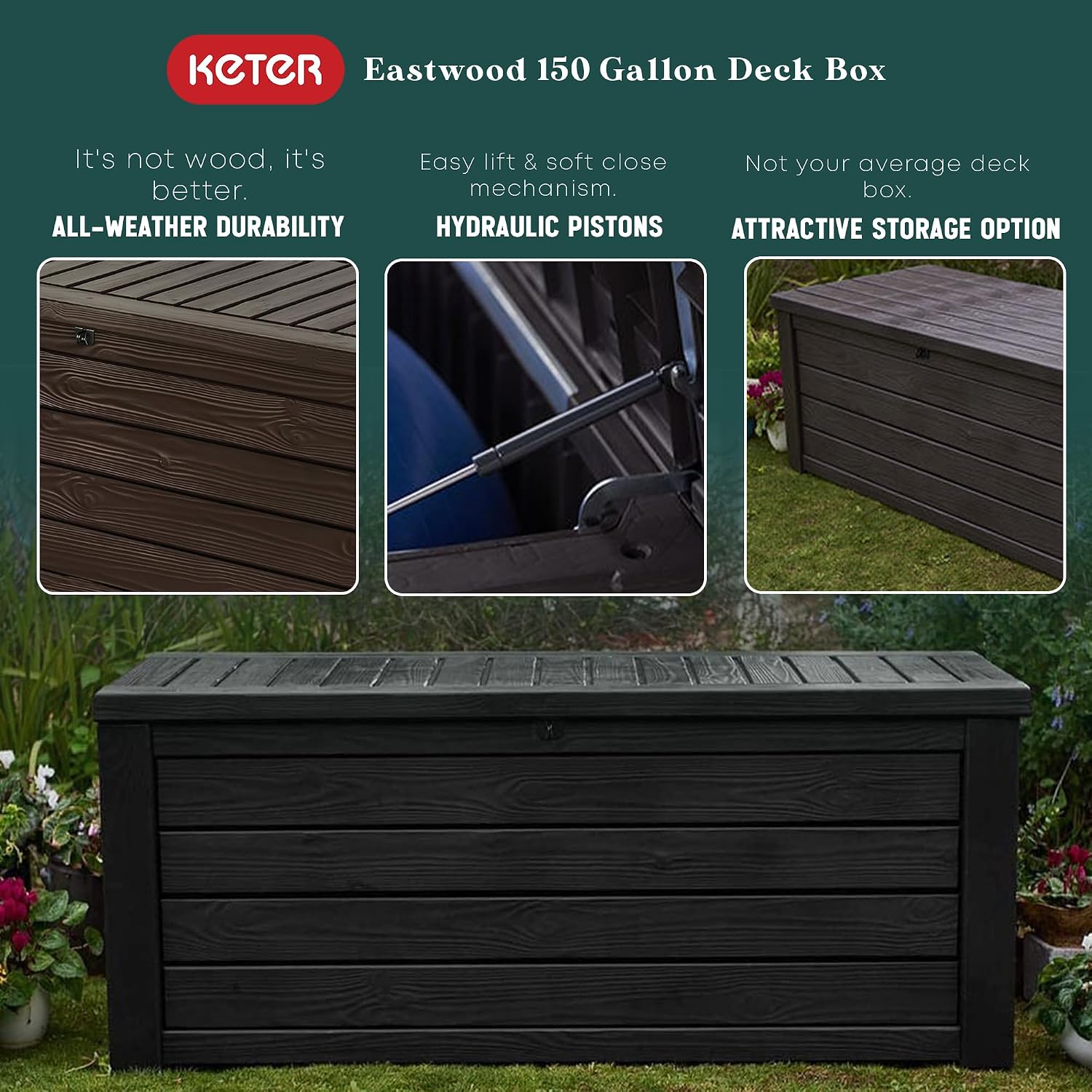 Keter Unity XL Outdoor Kitchen Rolling Bar Cart, Storage Cabinet Bundled with Westwood 150 Gallon Plastic Outdoor Furniture Storage Deck Box, Espresso