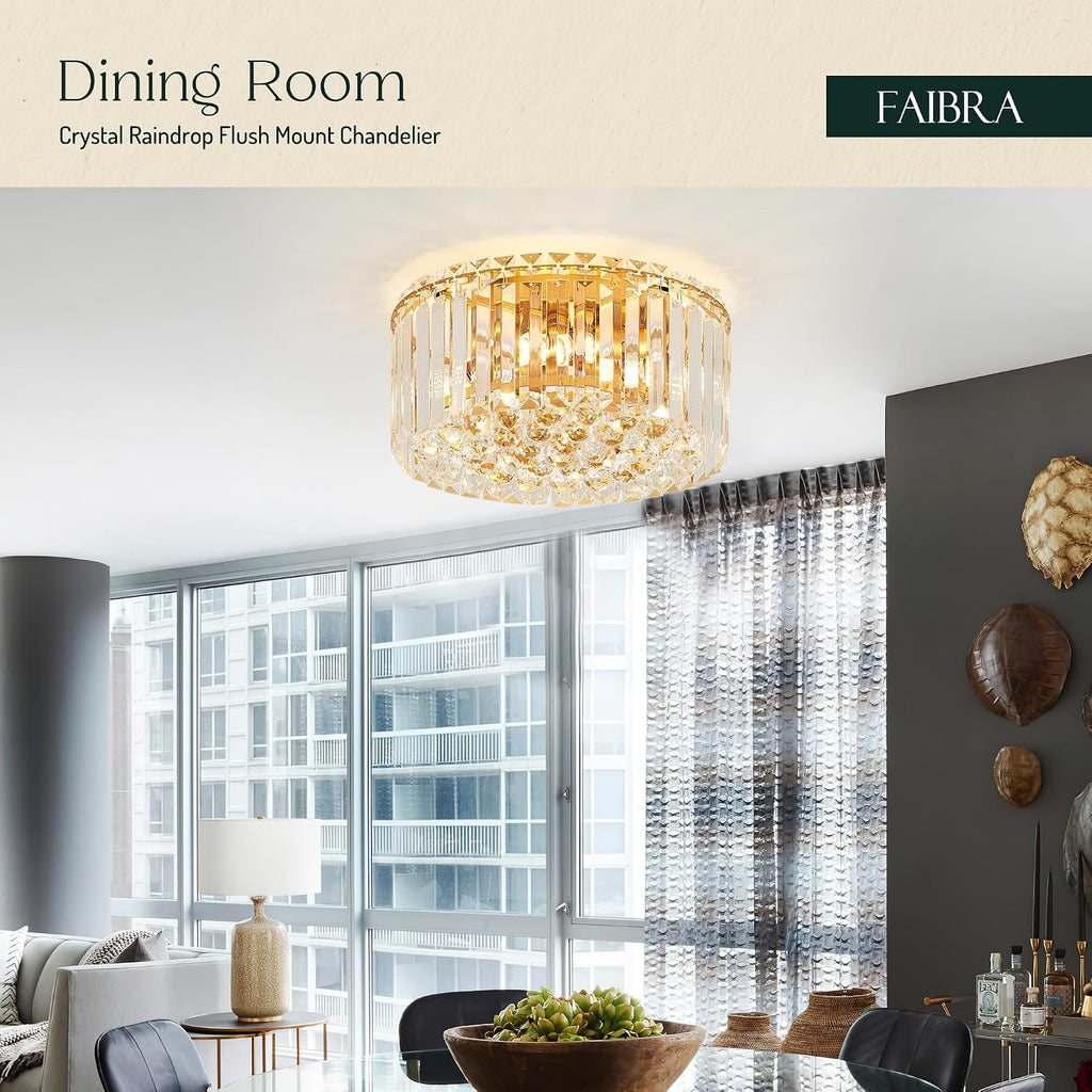 12.6' Gold K9 Crystal Raindrop Flush Mount Ceiling Light, Modern Chandelier, Round Luxury Light Fixture for Dining Room, Bedroom, Hallway, Kitchen Island & Living Room