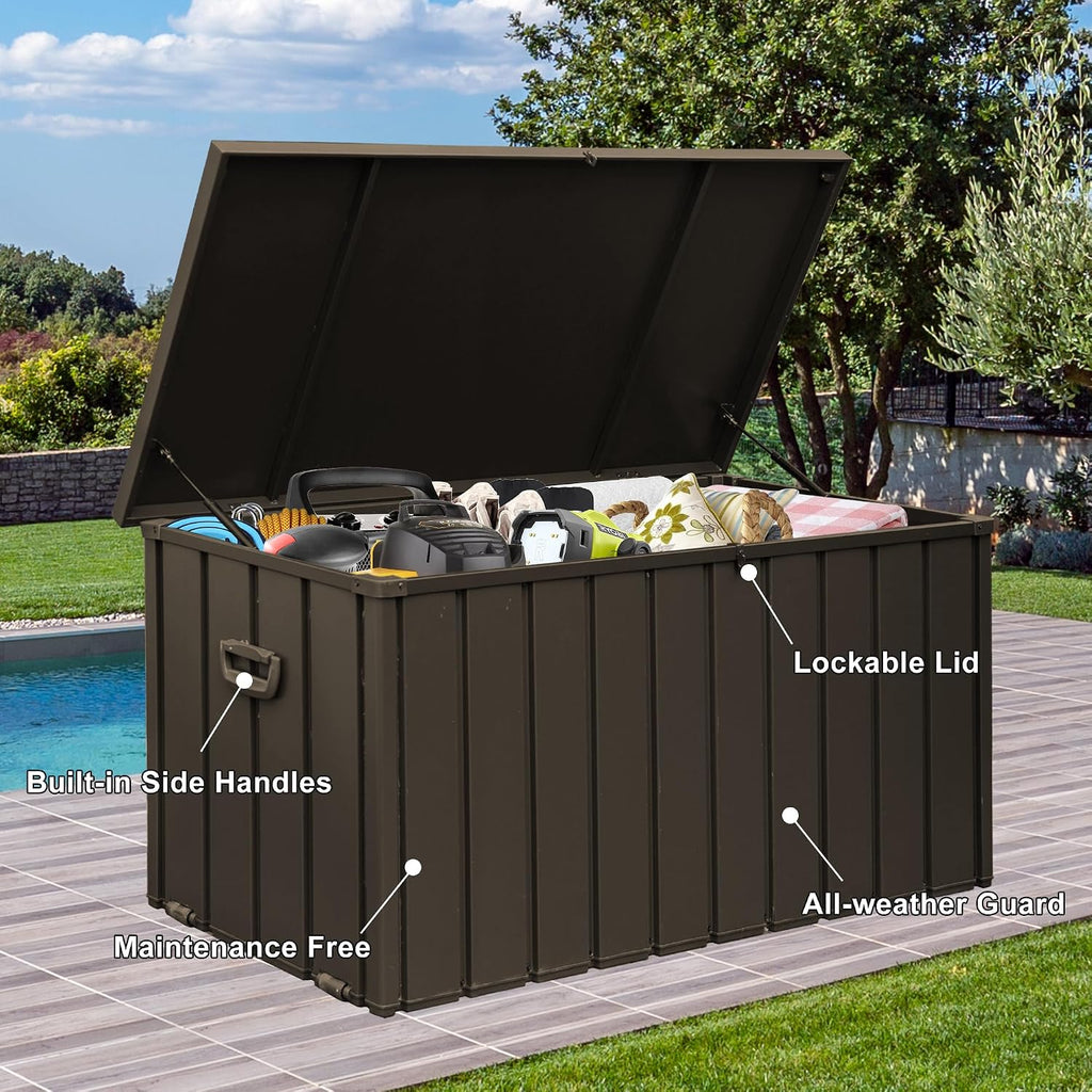 Domi 100 Gallon Deck Box Outdoor Storage Box, Lockable Storage Cabinet Deck Box Outdoor Waterproof, Large Metal Storage Bin for Patio Furniture Cushions Garden Tools Pool-Supplies, Brown