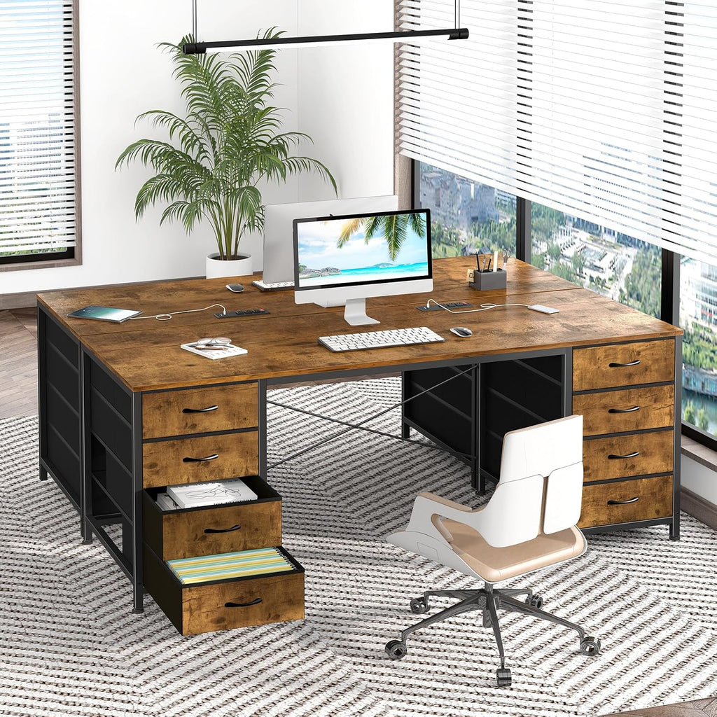 YOMILUVE 60 Inch Computer Desk with 8 Drawers, Home Office Desk with Power Outlets, Work Study Gaming Desk with 8 Fabric Drawers, Rustic Brown