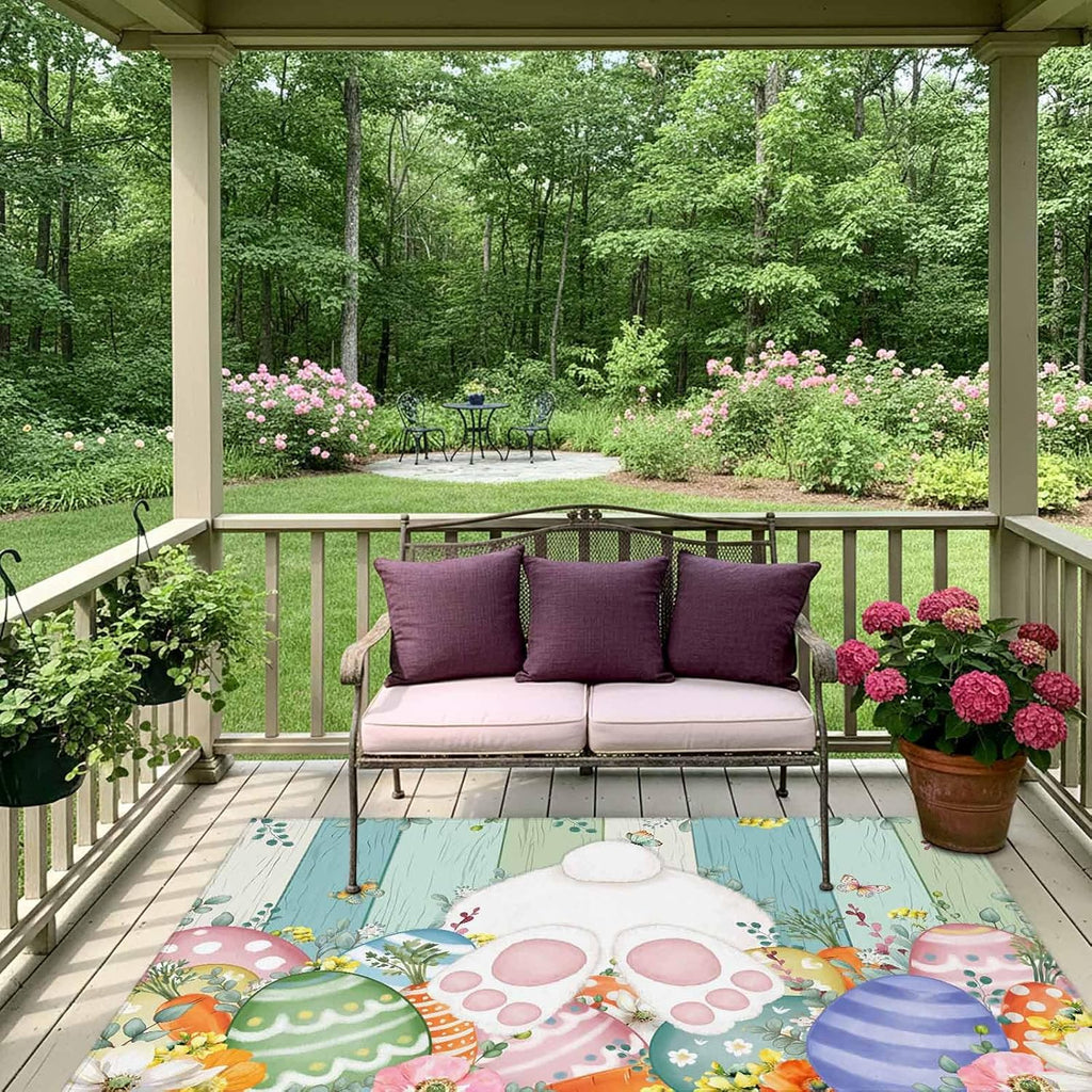 Cute Easter Bunny Outdoor Rug for Patio/Deck/Porch, Non-Slip Large Area Rug 6 x 9 Ft, Eucalyptus Leaves Colorful Eggs Wooden Indoor Outdoor Rugs Washable Area Rugs, Camping Rug Carpet Runner