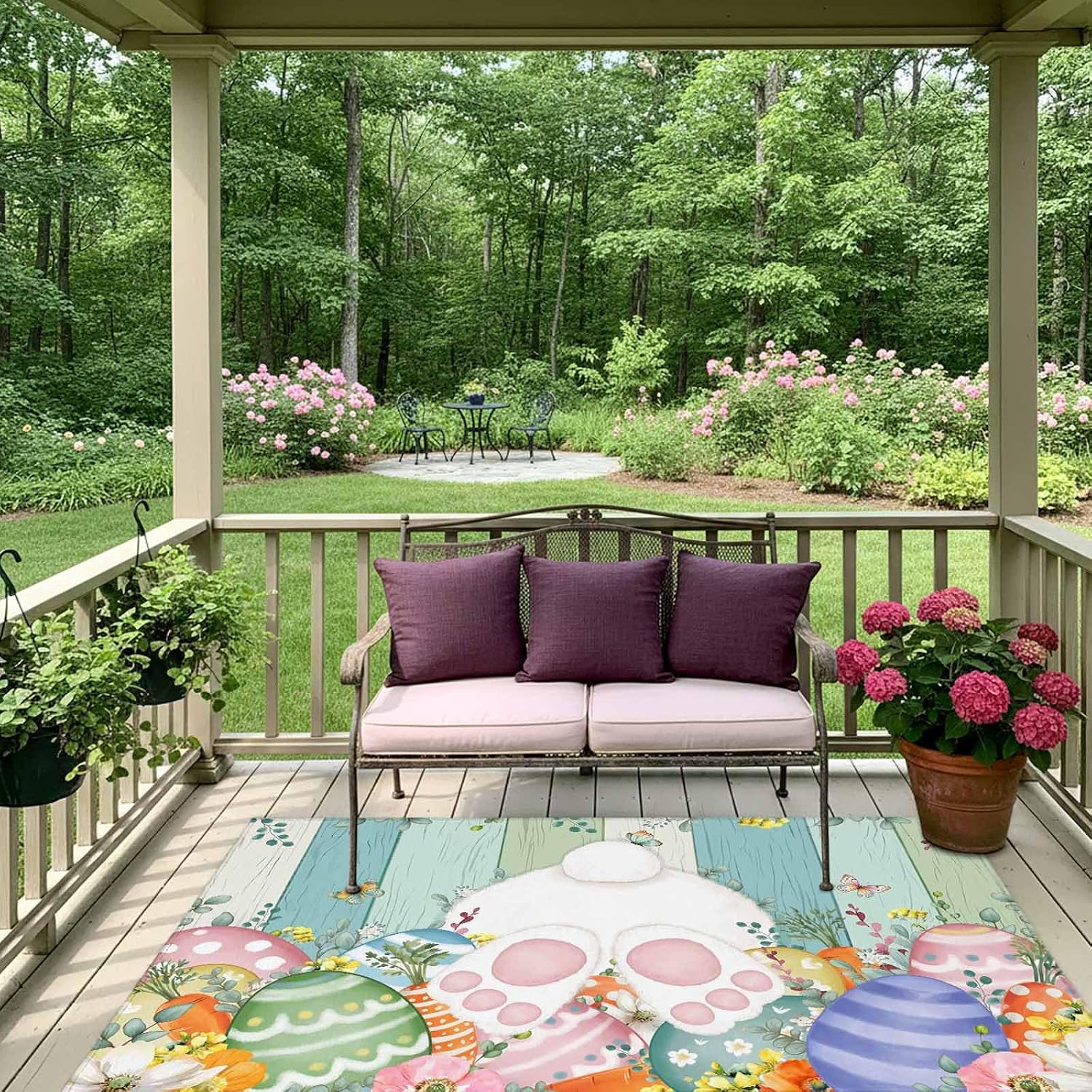 Cute Easter Bunny Outdoor Rug for Patio/Deck/Porch, Non-Slip Large Area Rug 6 x 9 Ft, Eucalyptus Leaves Colorful Eggs Wooden Indoor Outdoor Rugs Washable Area Rugs, Camping Rug Carpet Runner