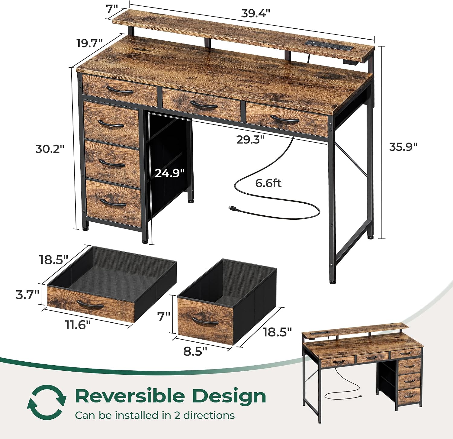 Huuger Gaming Desk with 6 Drawers, Computer Desk with LED Lights Power Outlets and Type-C, 39 Inch Office Desk with Storage, Monitor Stand, Writing Desk Work Desk Home Office, Study, Rustic Brown