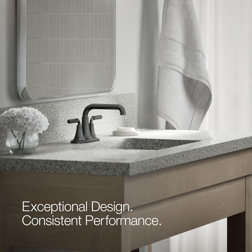 KOHLER K-27414-4-BL Tone™ Centerset Bathroom Sink Faucet, Clicker Drain, Bathroom Faucets, 1.2 GPM, Matte Black