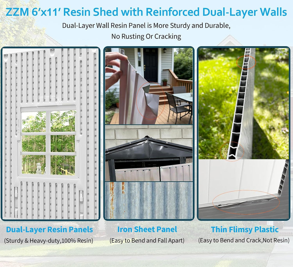 ZZM Outdoor Storage Shed 6x11 Ft, All-Weather Resistant Resin Garden Sheds & Outdoor Storage Clearance with Floor and Windows, Double-Layer Plastic Tool Shed for Backyard, Patio & Lawn (Gray)