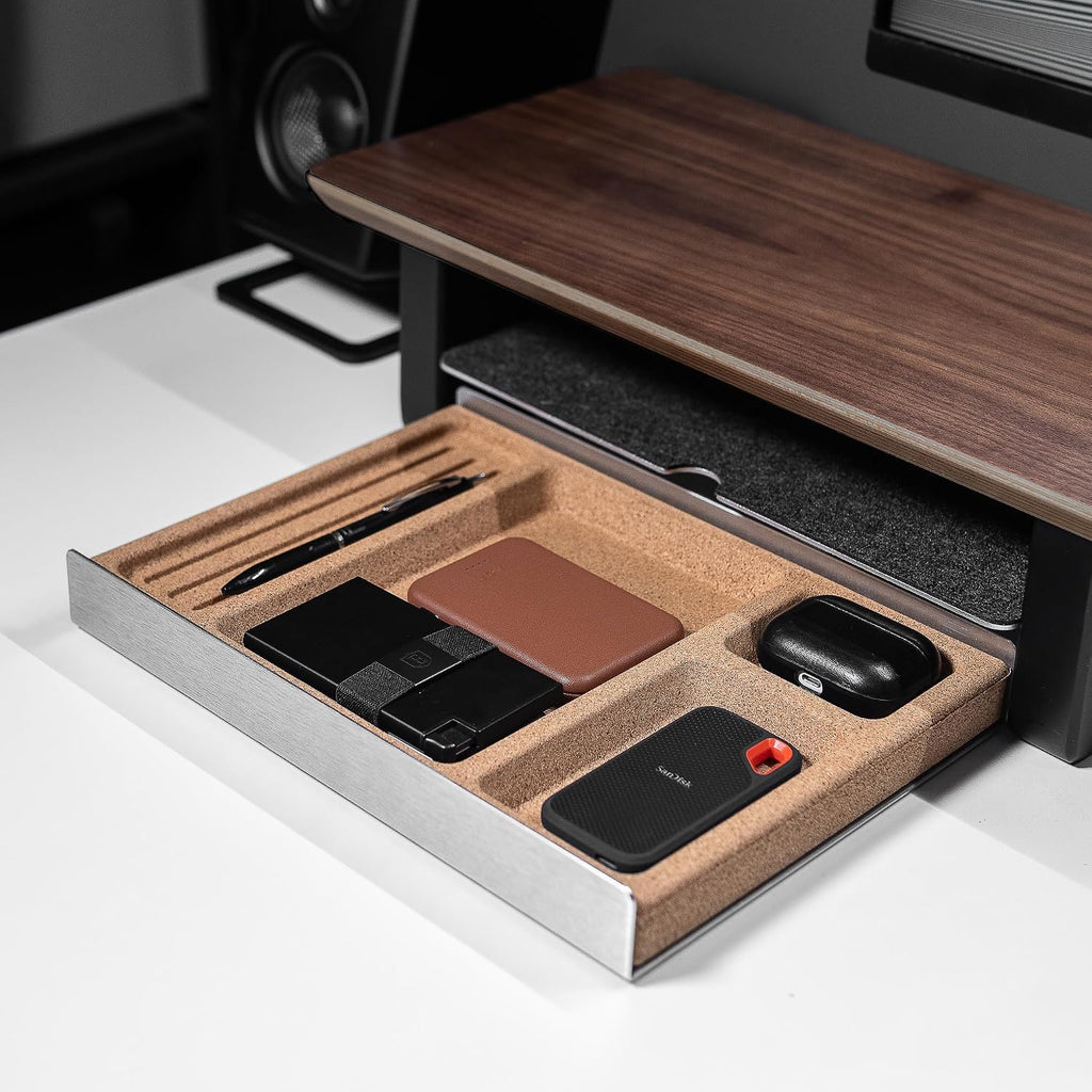 Desk Tray Organiser Drawer with Compartments Cork & Aluminium Catchall Valet Pen Tray for Cockpit Setup Desktop Storage Stationery Organizer (Light)