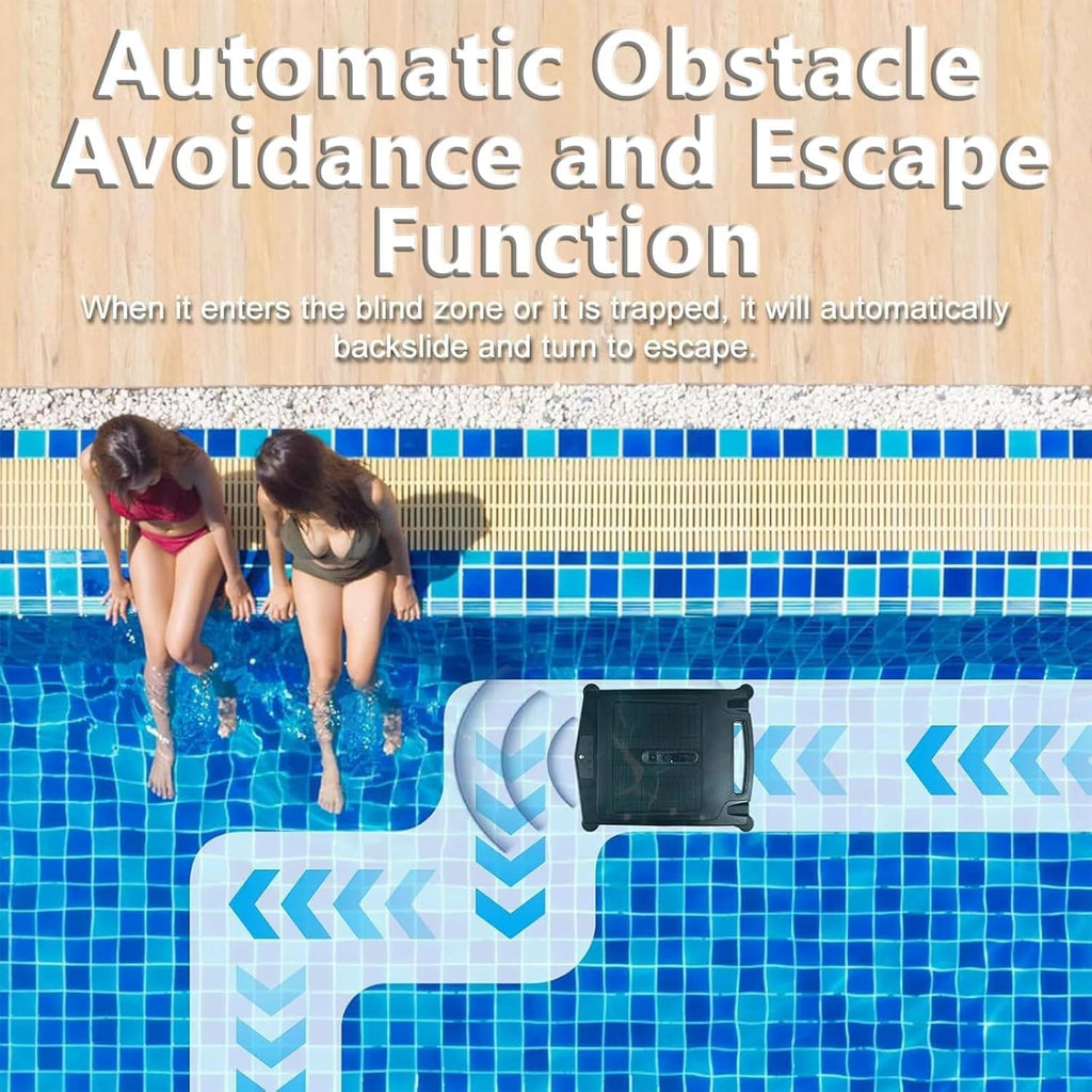 Solar Powered Cordless Robotic Pool Cleaner with Dual Charging 2 Cleaning Modes Auto Obstacle Avoidance and Escape Function Rechargeable Pool Skimmer Robot with 2500mAh Battery Removable Basket