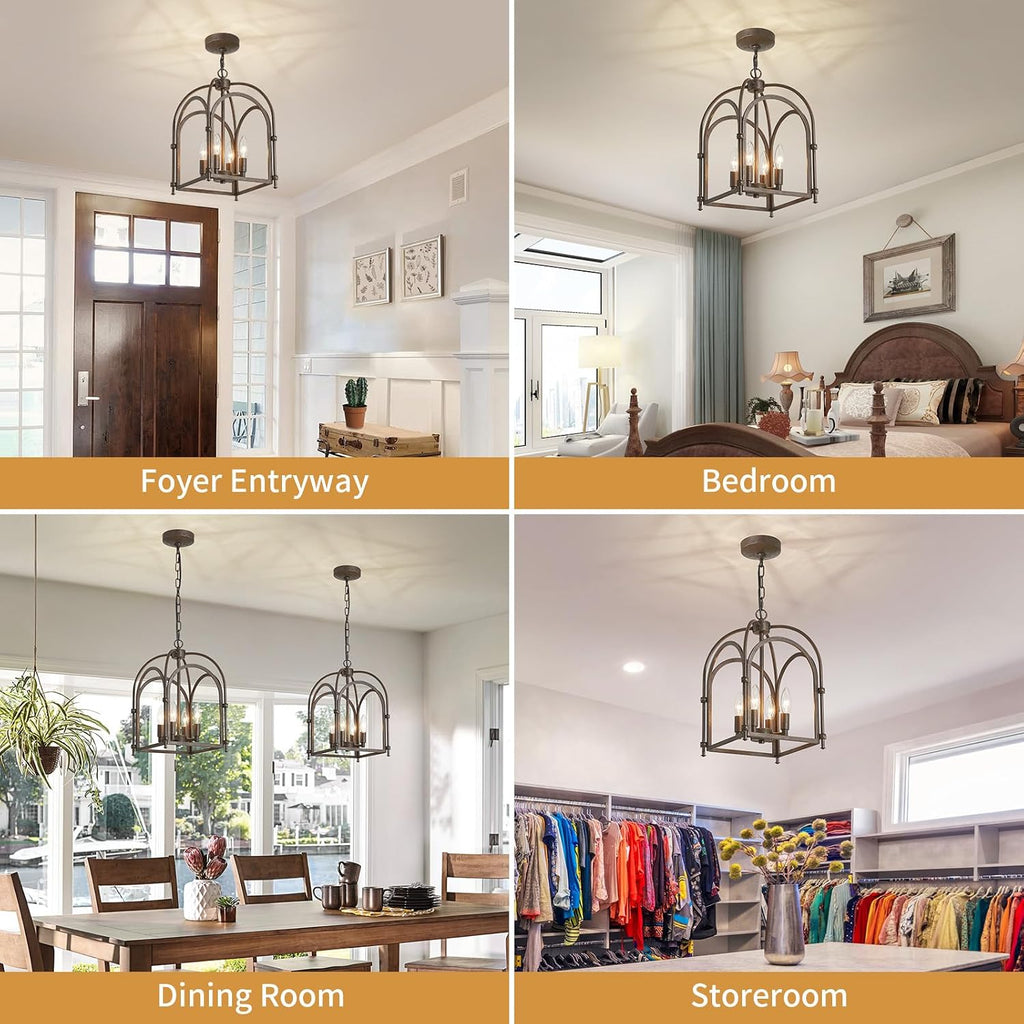 4-Light Chandeliers, Farmhouse Chandelier for Dining Room Light Fixtures, Lantern Metal Kitchen Pendant Light Fixtures, Rustic Cage Chandelier for Bedroom Living Room Kitchen Island Hallway