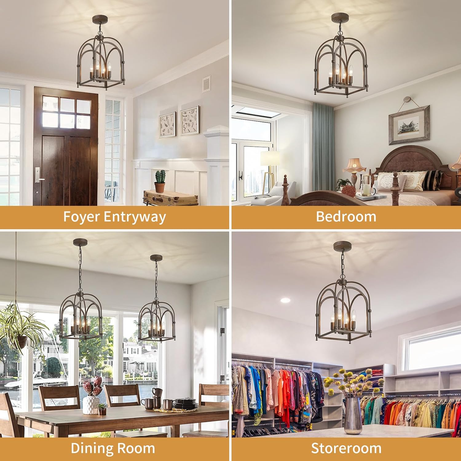 4-Light Chandeliers, Farmhouse Chandelier for Dining Room Light Fixtures, Lantern Metal Kitchen Pendant Light Fixtures, Rustic Cage Chandelier for Bedroom Living Room Kitchen Island Hallway
