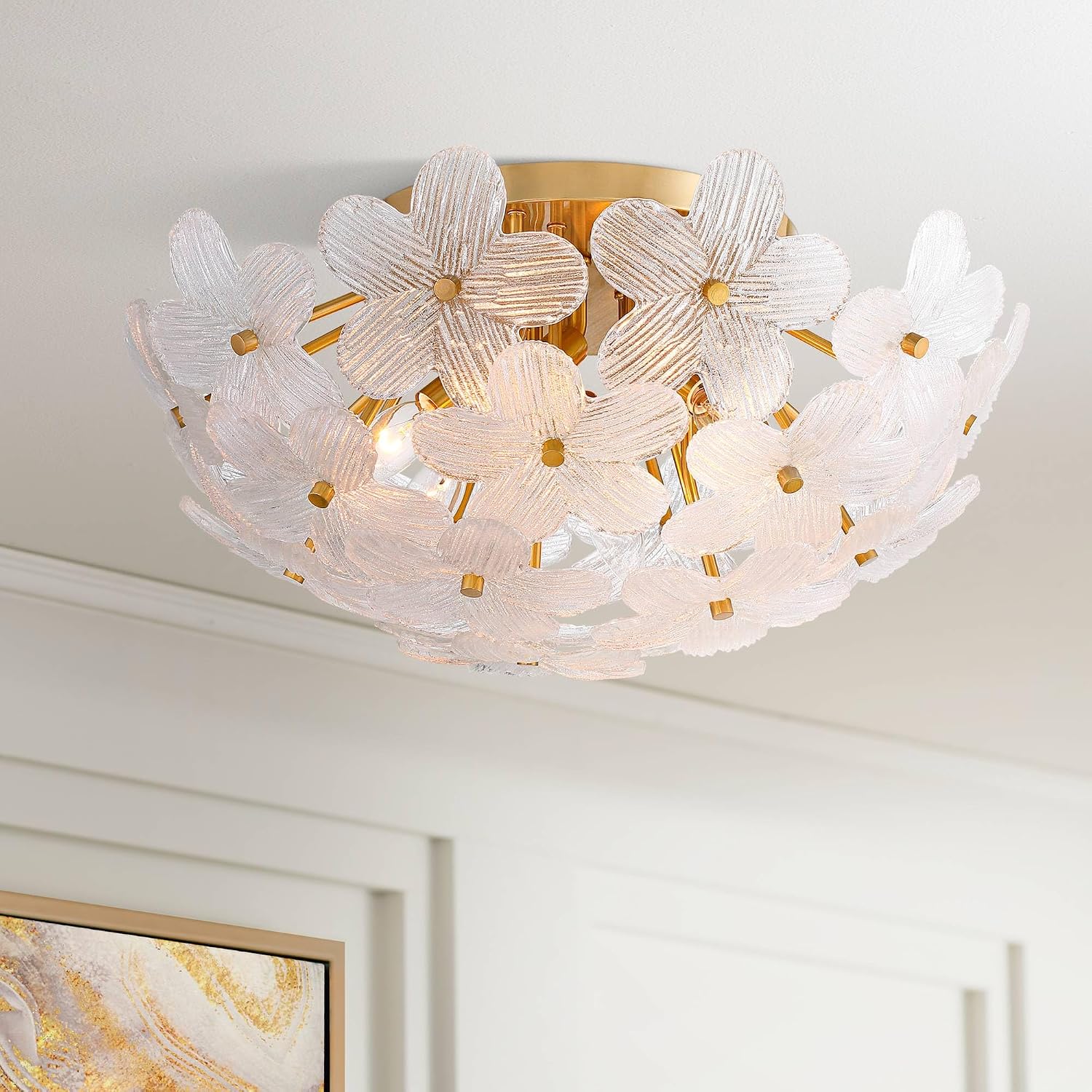 Possini Euro Design Filoli 20' Modern Semi Flush-Mount Ceiling Light Fixture Kitchen Foyer Hallway Flower Unique Gold Finish Glass Metal Bedroom Bathroom Entryway Living Room Indoor Office Small