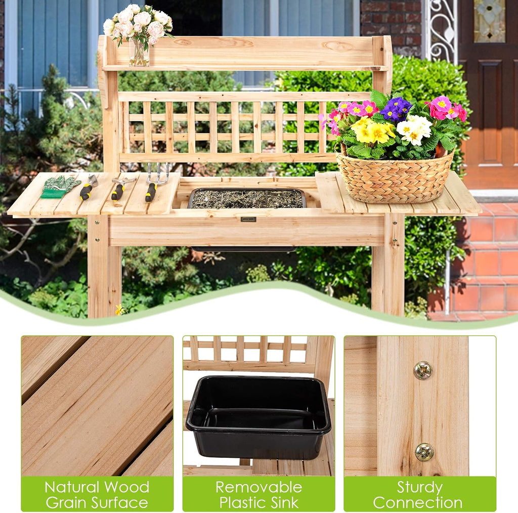 Giantex Garden Potting Bench, Outdoor Wood Work Table w/Sliding Tabletop, Planter Bench Work Station w/Removable Sink & Storage Shelves for Backyard Patio Balcony, Natural
