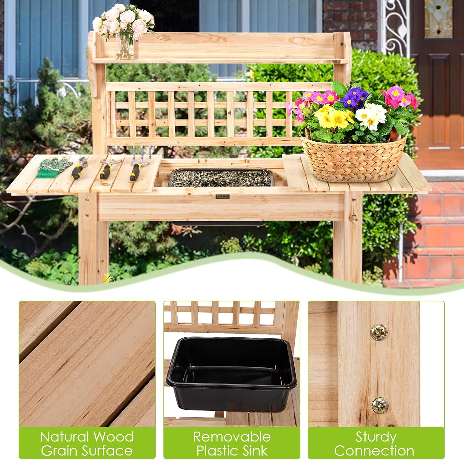 Giantex Garden Potting Bench, Outdoor Wood Work Table w/Sliding Tabletop, Planter Bench Work Station w/Removable Sink & Storage Shelves for Backyard Patio Balcony, Natural