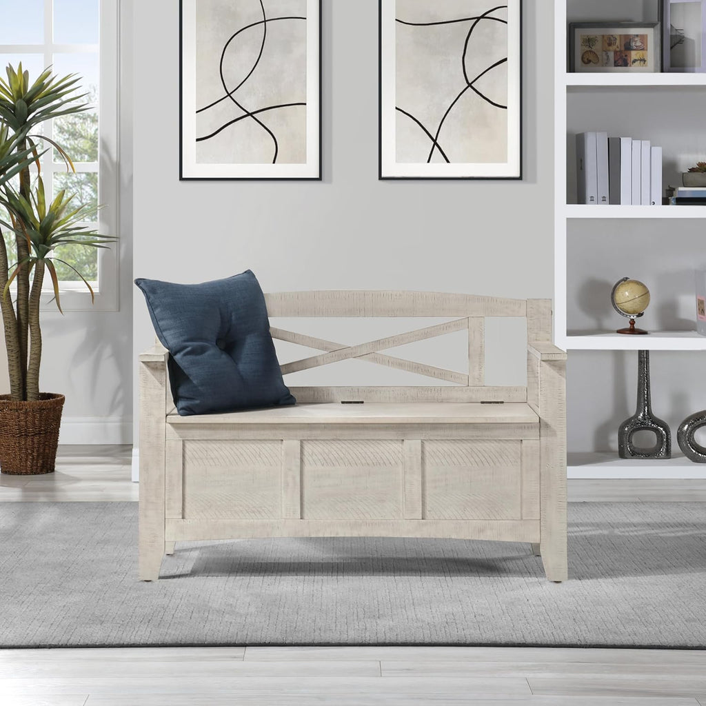 OSP Home Furnishings Metro Entry Way Storage Bench with X-Back, Distressed White Finish