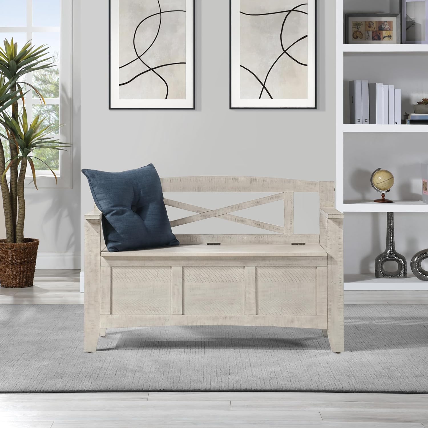 OSP Home Furnishings Metro Entry Way Storage Bench with X-Back, Distressed White Finish