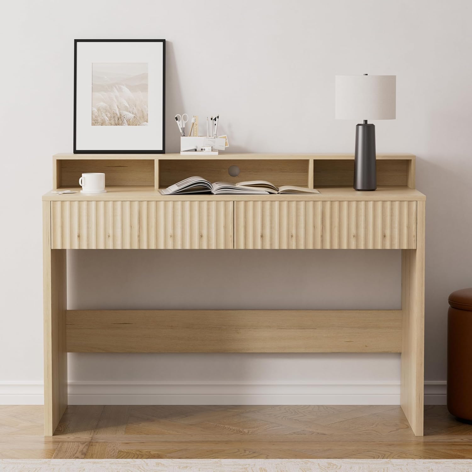 47' Executive Desk with Fluted Drawer, Modern Home Office Desk with Long Monitor Stand and 2 Drawers, Computer Writing Desk for Study Office Vanity, Light Oak
