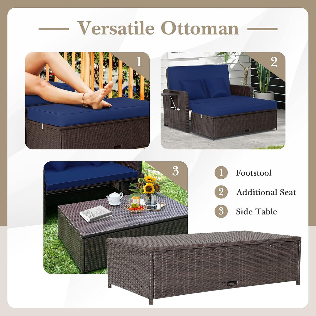 COSTWAY Patio Rattan Daybed with Cushions, Outdoor Wicker Loveseat Sofa with Storage Ottoman, 4-Level Adjustable Backrest, Bed Lounger for Yard, Balcony, Porch, Garden, Pool, Navy