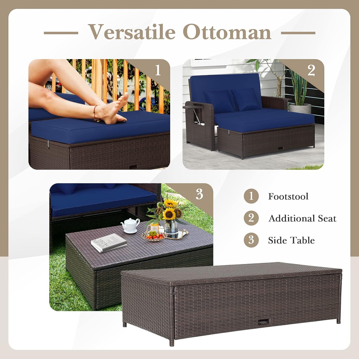 COSTWAY Patio Rattan Daybed with Cushions, Outdoor Wicker Loveseat Sofa with Storage Ottoman, 4-Level Adjustable Backrest, Bed Lounger for Yard, Balcony, Porch, Garden, Pool, Navy