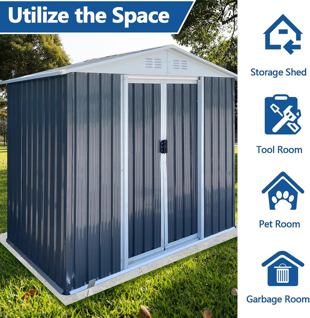 6FTx4FT Outdoor Storage Shed, Utility Tool Shed with Door & Lock Metal Storage Garden Shed for Patio Storage (Grey+2, 6FTx4FT)