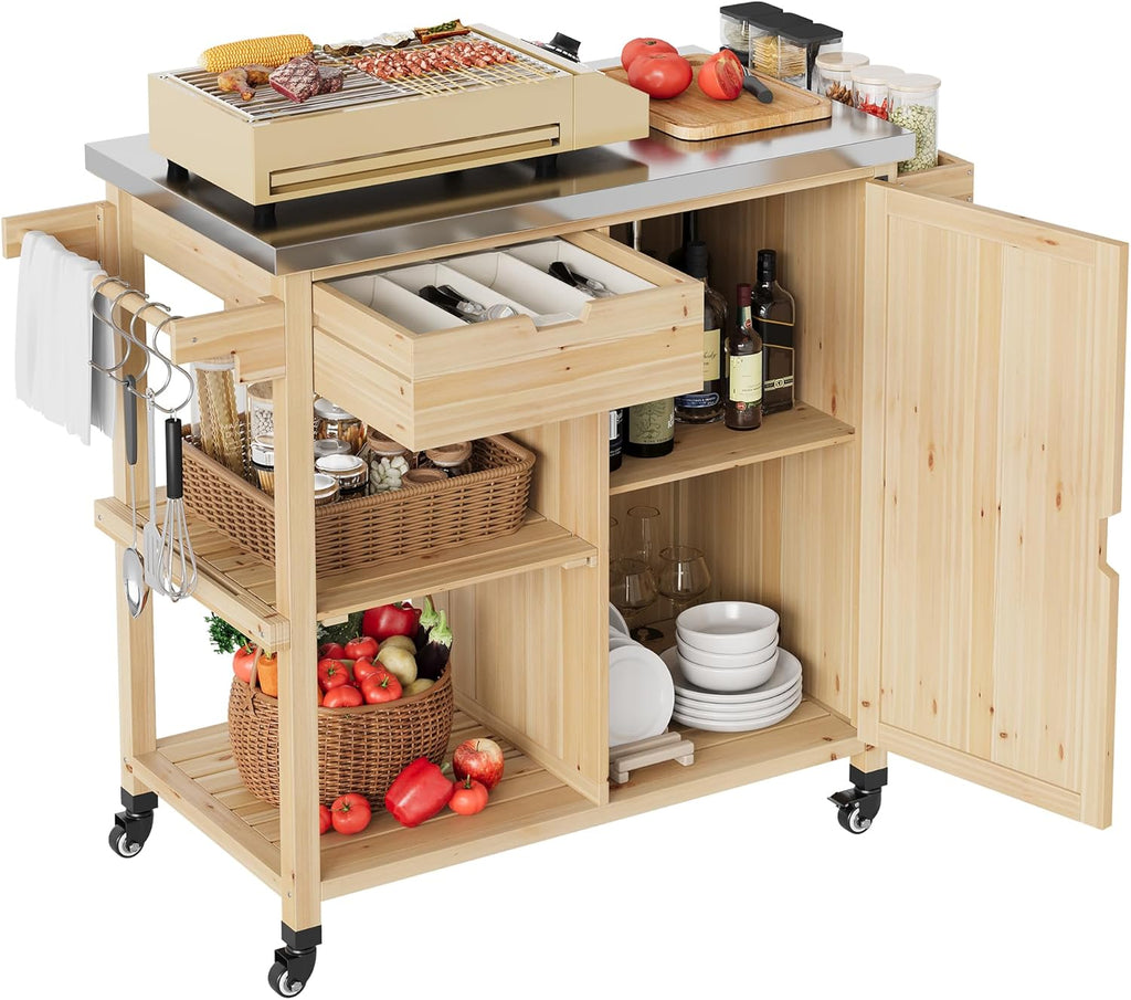 Solid Wood Outdoor Grill Cart Storage Cabinet Outdoor Grill Cart, BBQ Cart Prep Table with Stainless Steel Top, Drawer, & Open Shelves, Portable Rolling Kitchen Island for Patio, Garden, Backyard