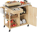 Solid Wood Outdoor Grill Cart Storage Cabinet Outdoor Grill Cart, BBQ Cart Prep Table with Stainless Steel Top, Drawer, & Open Shelves, Portable Rolling Kitchen Island for Patio, Garden, Backyard