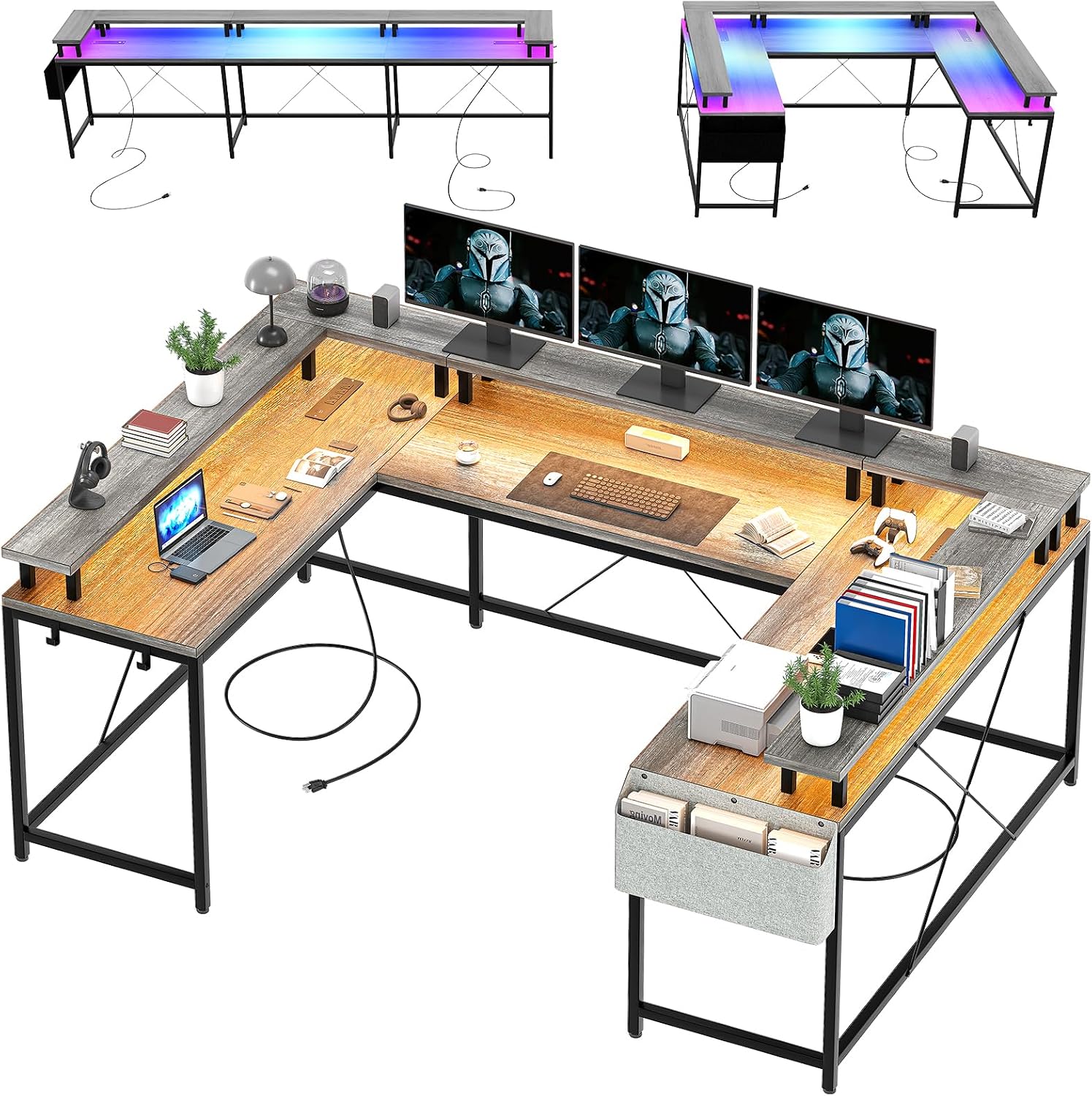 U Shaped Gaming Desk, 79' Reversible U Shaped Desk with Power Outlets, LED Lights, Monitor Stand & Storage Shelves, Corner Office Desk for Home Office, Gaming, Workstation (Grey Oak)