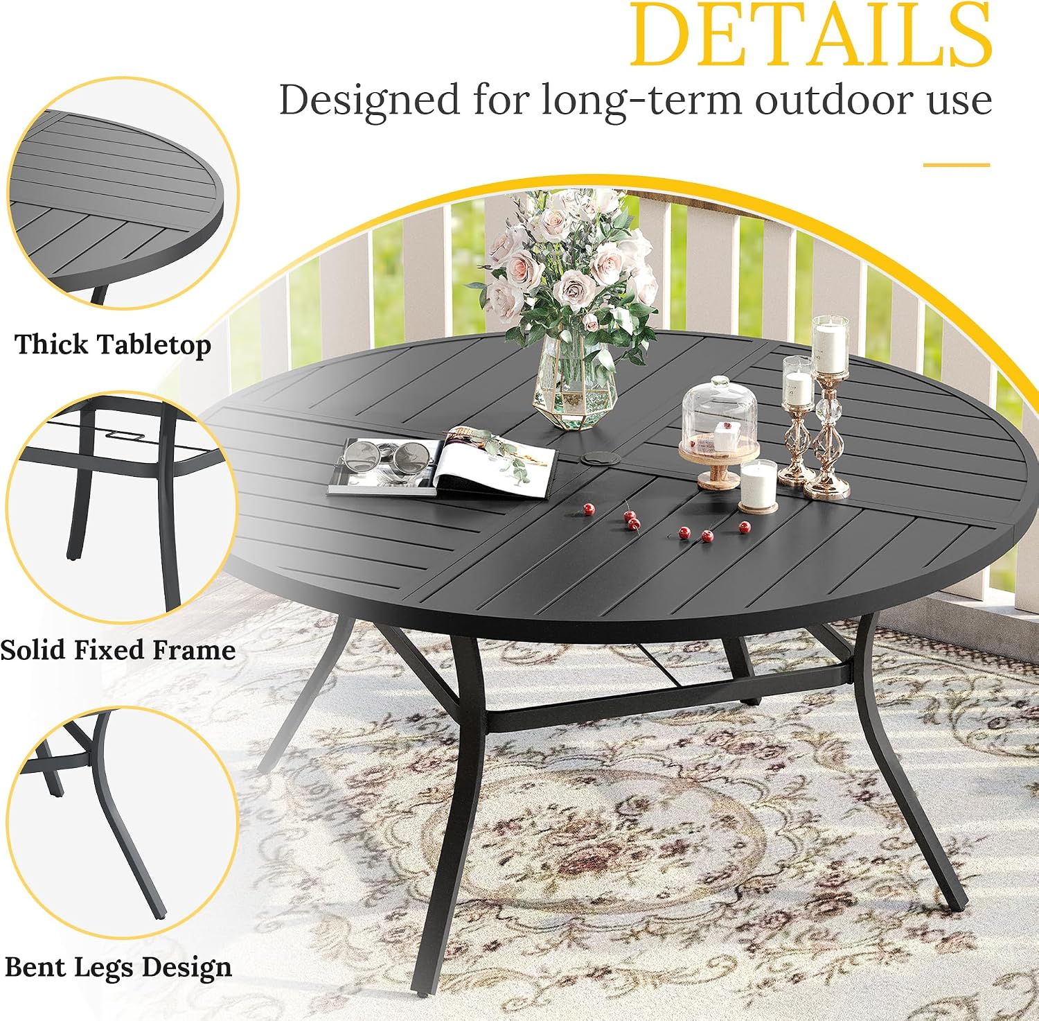 VICLLAX Round Patio Table with Adjustable Umbrella Hole for 6, All Weather 50' Metal Outdoor Dining Table for Lawn Garden, Black