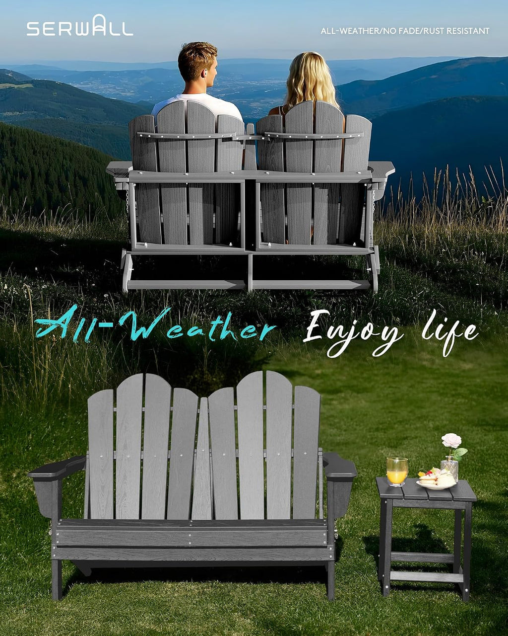 SERWALL Folding Adirondack Bench, HDPE All-Weather Adirondack Loveseat Set of 2, Grey