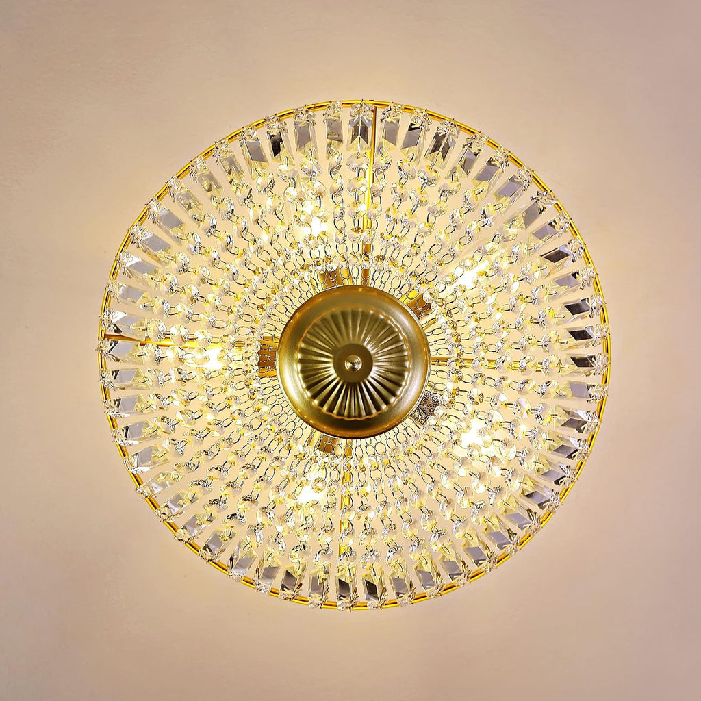 WINGBO 19.5 Inch Crystal Ceiling Light Fixture, 5-Light Raindrop Semi Flush Mount Chandelier, Modern Round Close to Ceiling Hanging Light for Living Room Dining Room Bedroom Hallway, Gold
