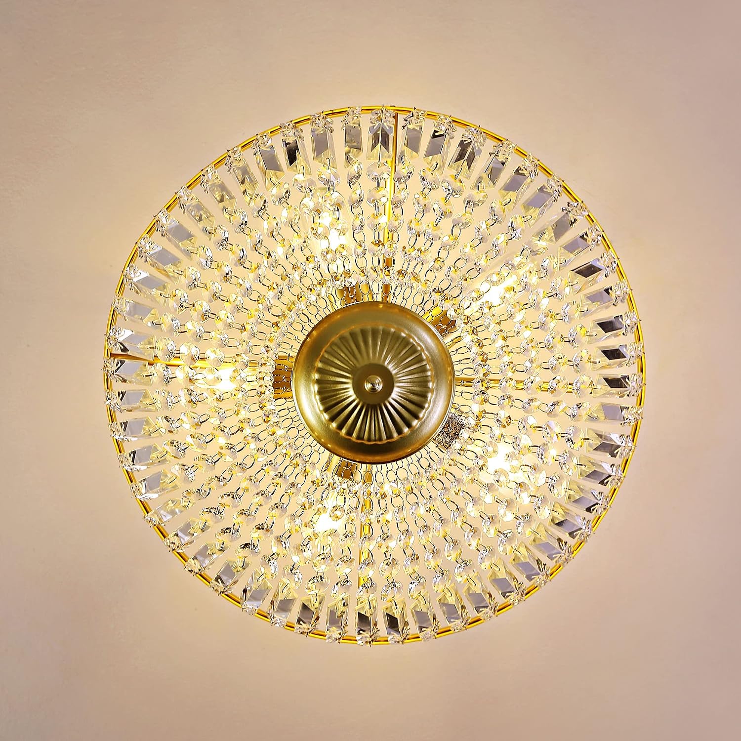 WINGBO 19.5 Inch Crystal Ceiling Light Fixture, 5-Light Raindrop Semi Flush Mount Chandelier, Modern Round Close to Ceiling Hanging Light for Living Room Dining Room Bedroom Hallway, Gold