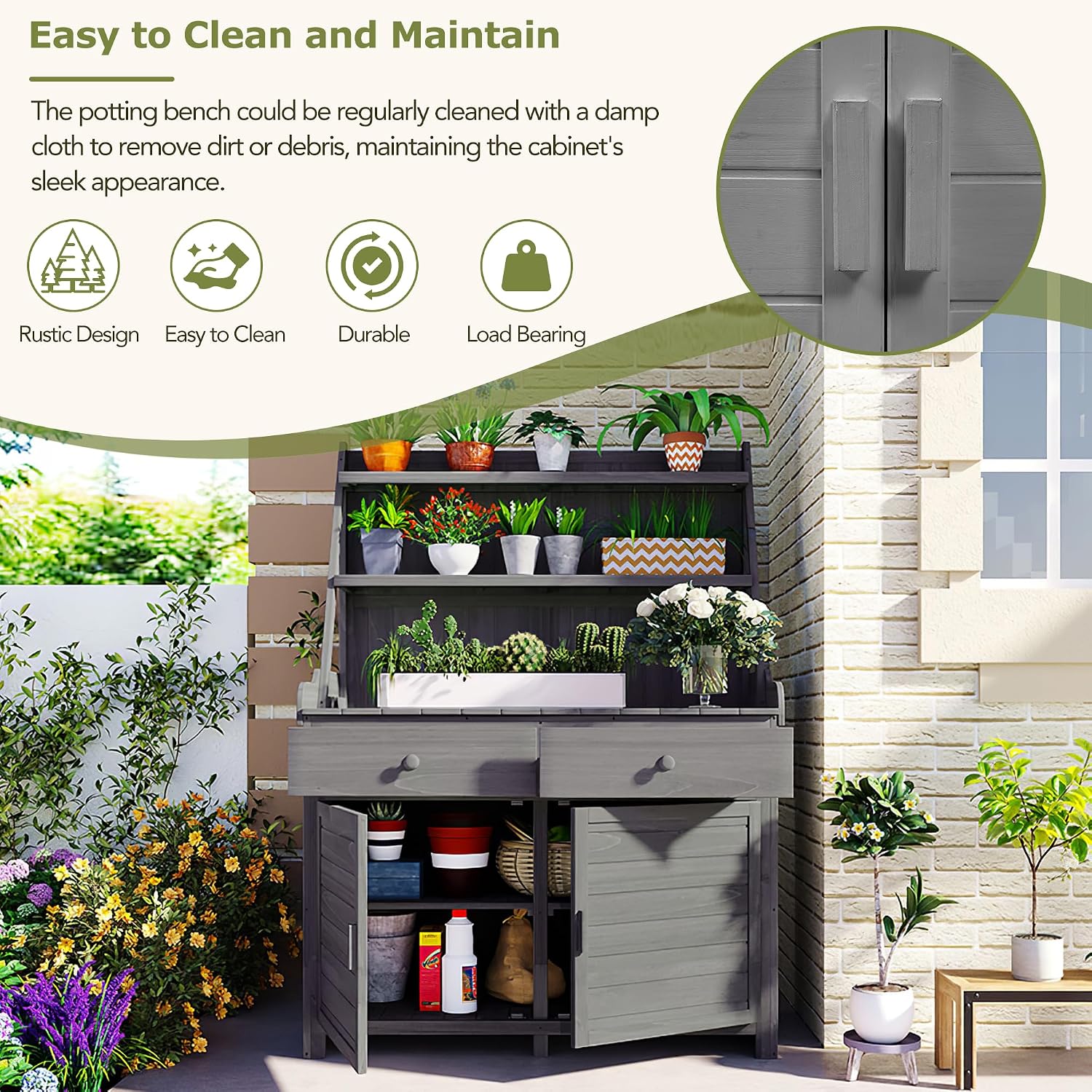 65inch Garden Potting Bench Table, Fir Wood Workstation with Storage Shelf, Drawer and Cabinet for Mudroom,Doorway (Gray2, 65')