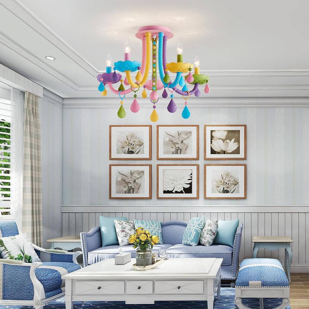 5-Light Children Candle Chandeliers, Modern Candy Design Flush Mount Close to Ceiling Light for Bedroom, Dining Room, Kitchen, Bathroom, D22 × H16 inch, Macaron Colorful Finish & K9 Crystal