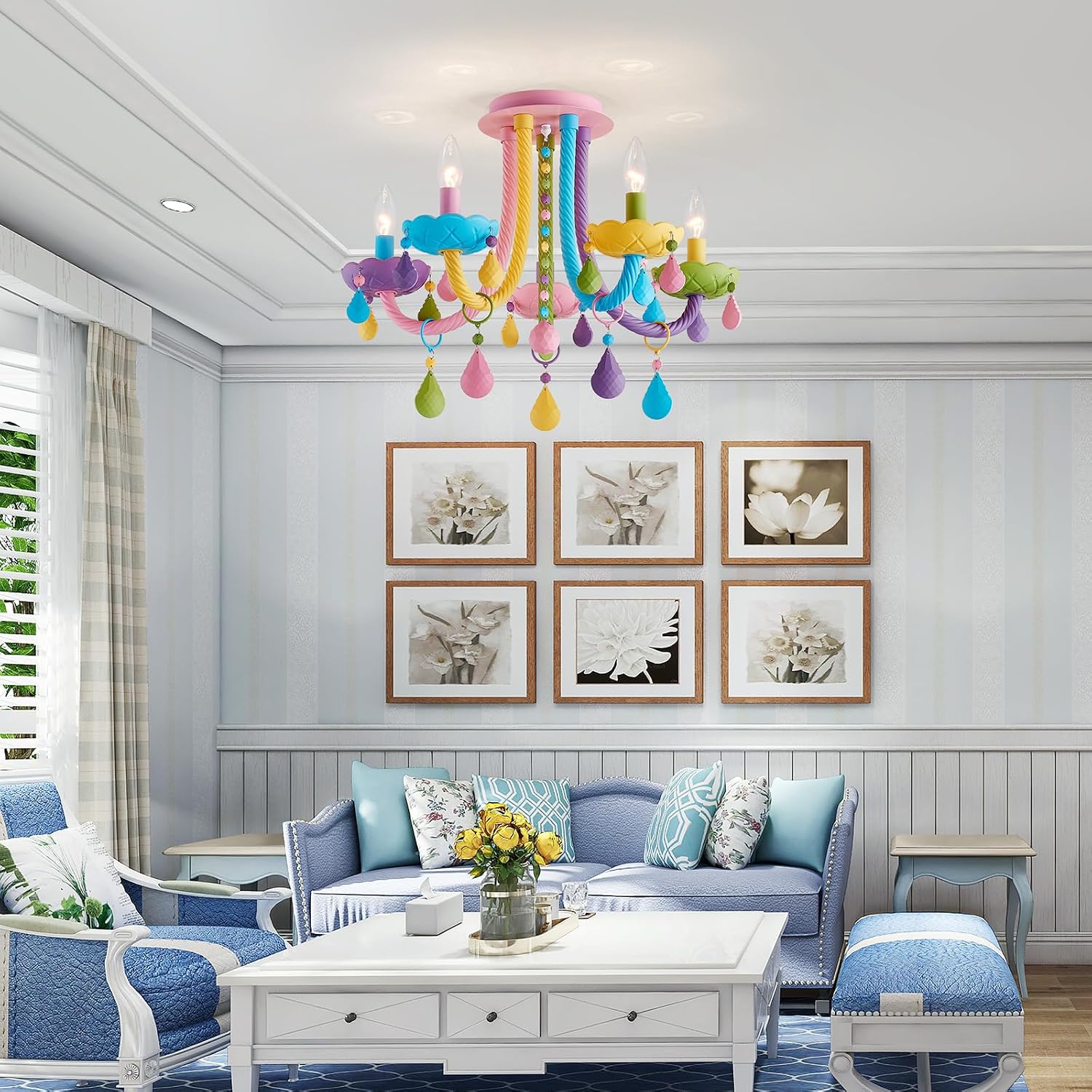5-Light Children Candle Chandeliers, Modern Candy Design Flush Mount Close to Ceiling Light for Bedroom, Dining Room, Kitchen, Bathroom, D22 × H16 inch, Macaron Colorful Finish & K9 Crystal