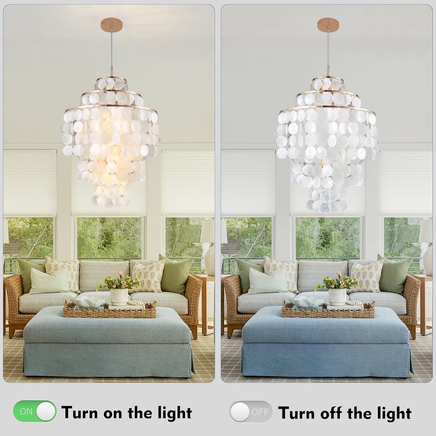 Capiz Shell Chandelier,18' Gold Coastal Chandelier Light Fixture with 4 Lights Capiz Seashell Pendant for Living Room Foyer Kitchen Island Entryway Dining Room Bedroom,LED Bulb Included