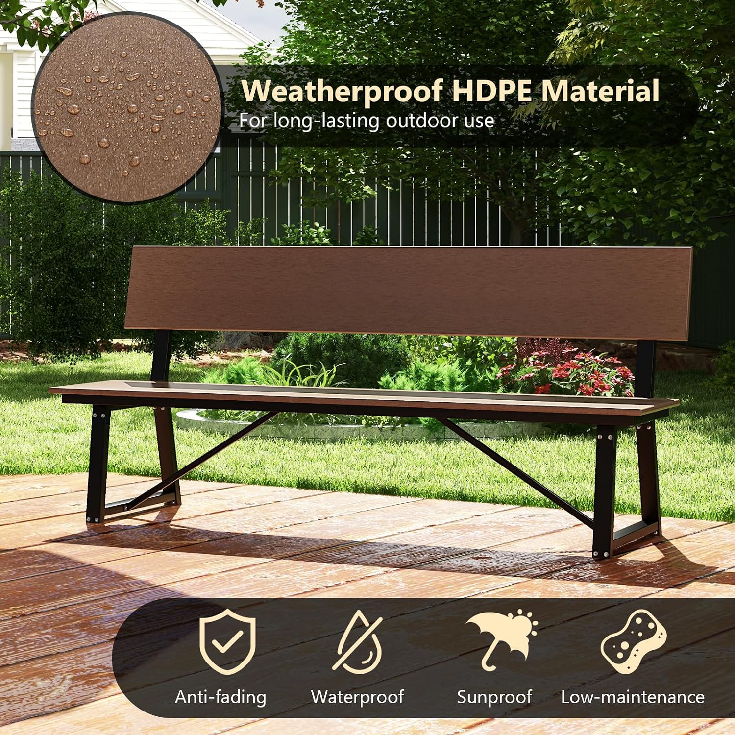 Tangkula 72' Outdoor Bench, Extra Long Patio HDPE Bench for 4 People, 1100 lbs Weight Capacity, Heavy-Duty Patio Picnic Dining Bench for Garden, Porch, Lawn, Backyard & Park