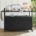 51.2' Wicker Outdoor Bar Cart - Black Patio Console Storage Table Buffet Cabinet Serving Kitchen Cart with Wheels for Outside Backyard